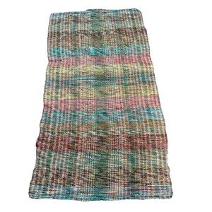 Vintage 70s Handwoven Multicolor Rag Rug Flatweave Boho Cottage 54” L x 28” W